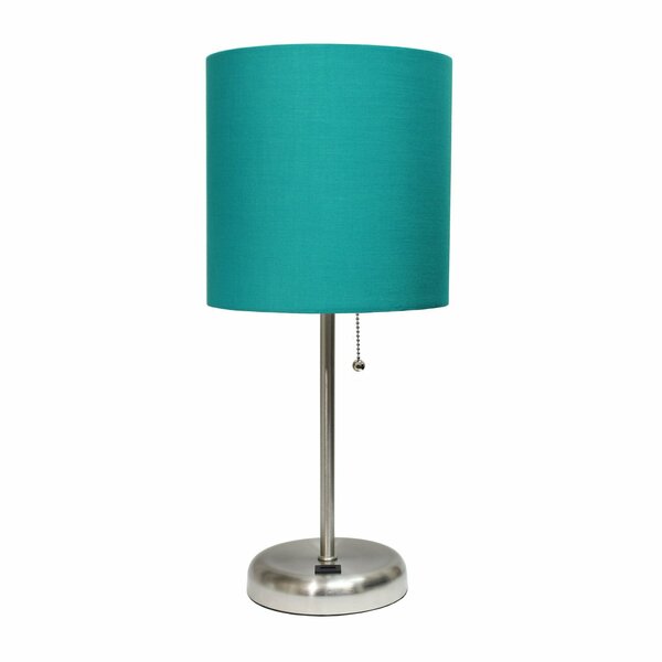 Creekwood Home Oslo 19.5in Contemporary USB Port Feature Metal Table Lamp, Brushed Steel, Teal Drum Fabric Shade CWT-2012-TL